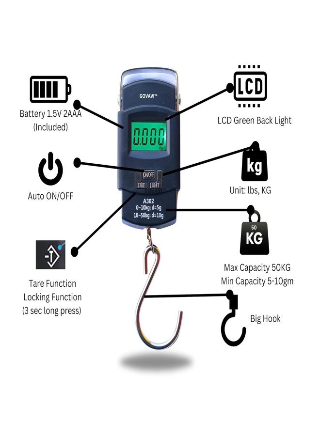 GOVAVI™ Digital weighing scale Portable luggage scale Stainless steel hook scale Electronic hanging scale LCD display scale Fishing scale Factory use scale 50kg capacity scale - Image 3